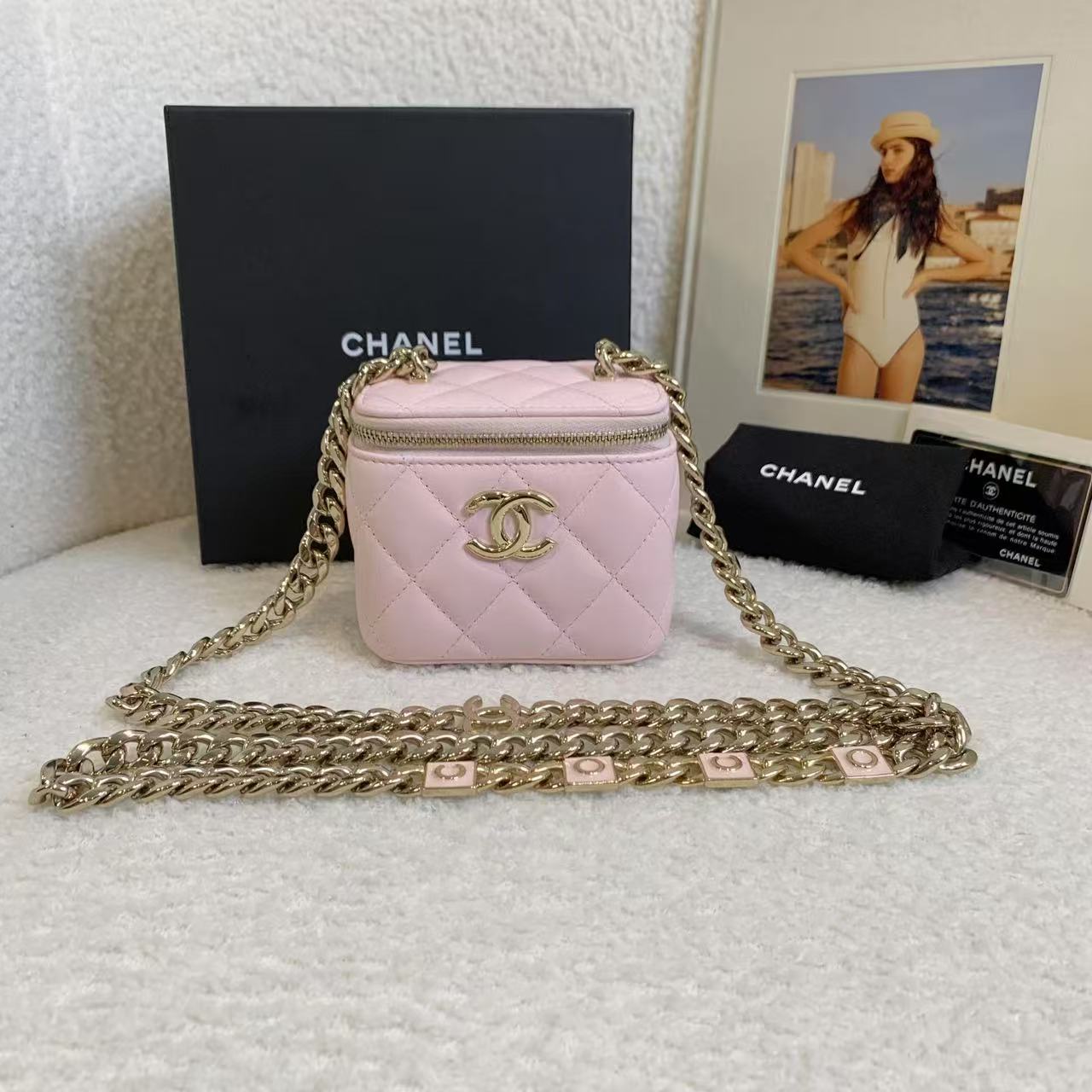 99新 Chanel/香奈儿 壹臻娇/樱花粉羊皮珐琅链条mini盒子82853670