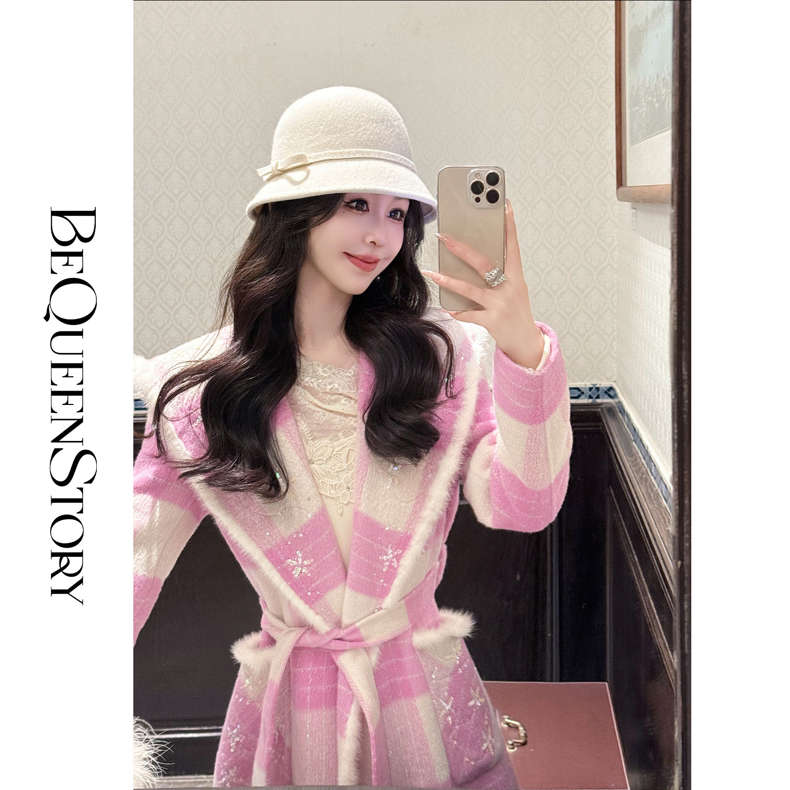 韩韩IU【千金格调】时尚绵羊毛拼水貂毛格子大衣毛呢外套