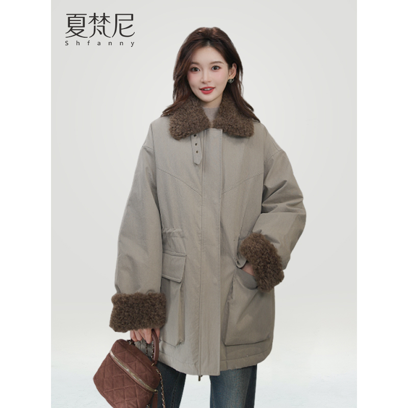 夏梵尼安山雾暖2025年冬季复古工装风翻领毛绒拼接宽松保暖羽绒服