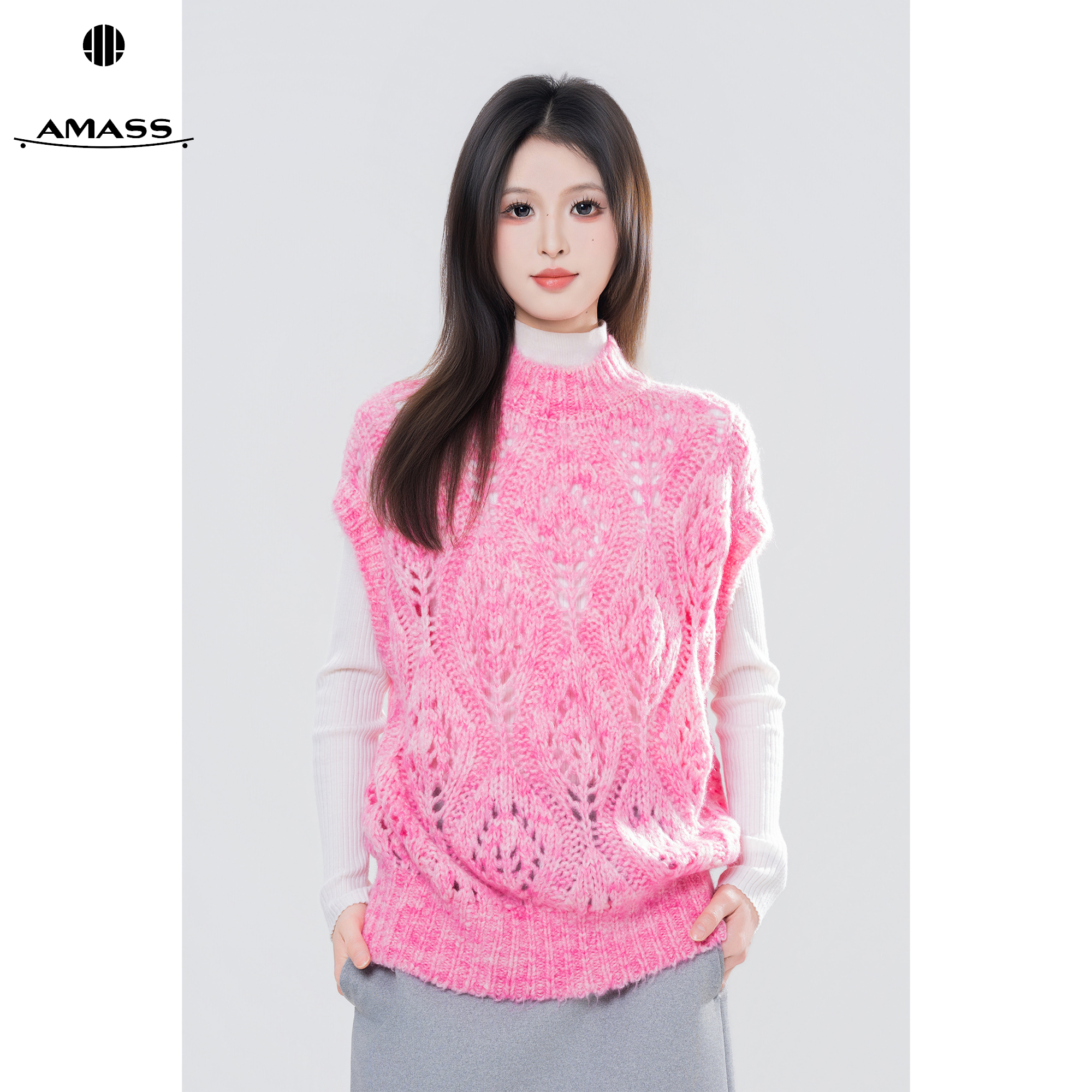 AMASS/阿玛施秋冬新款时尚百搭镂空提花针织套头马甲背心 5399583