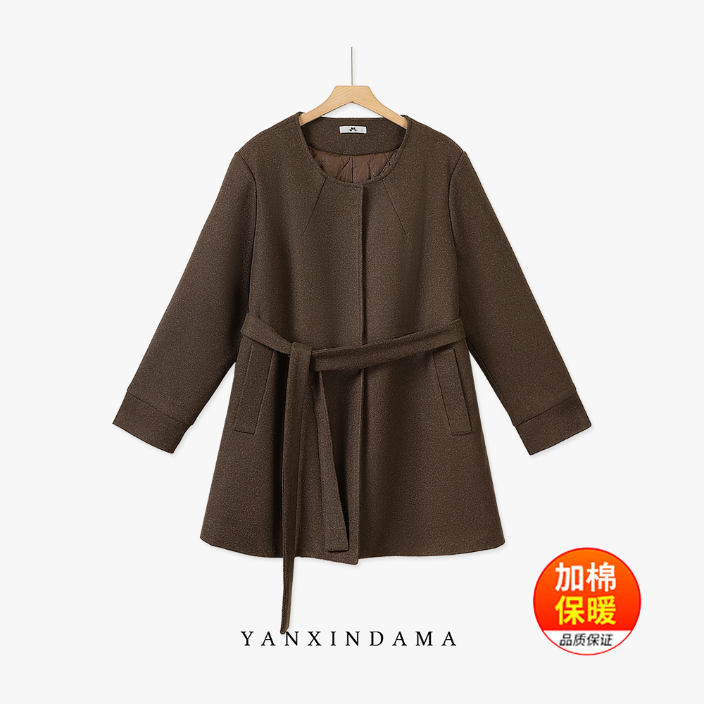 大码女装300斤胖MM美拉德风时尚系带夹棉毛呢大衣10176