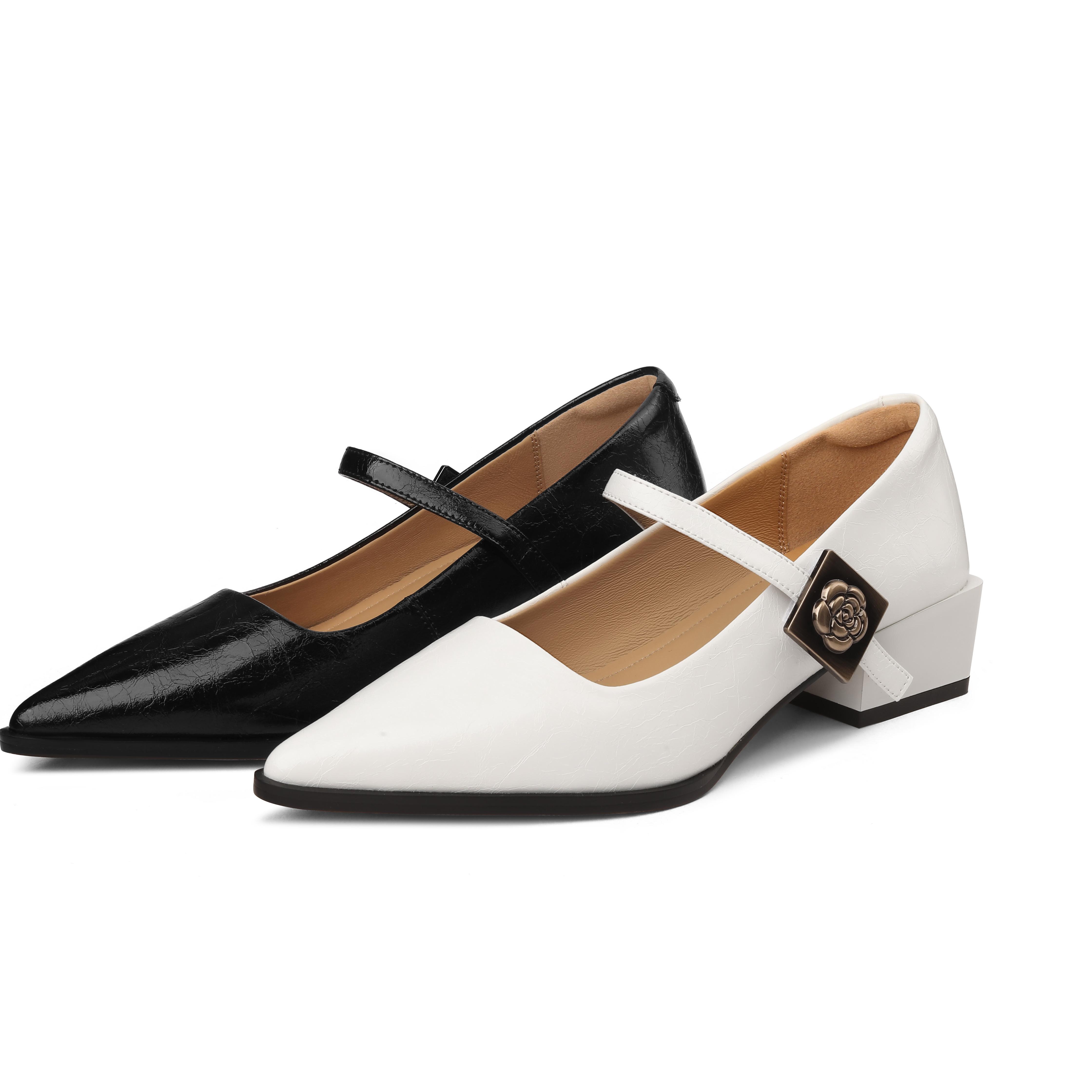 法式复古尖头一字带玛丽珍鞋新款真皮气质粗跟单鞋女中跟CY2734