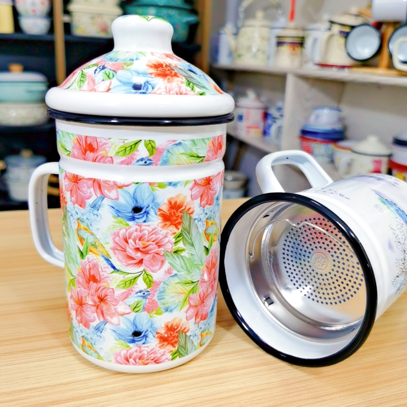 9cm搪瓷茶缸 带茶漏杯 家用复古风茶水杯带过滤网耐高温喝水杯