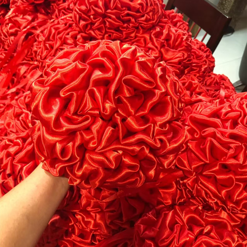 高档成品婚车后视镜车门绸缎布加密大红花球红绣球拉花