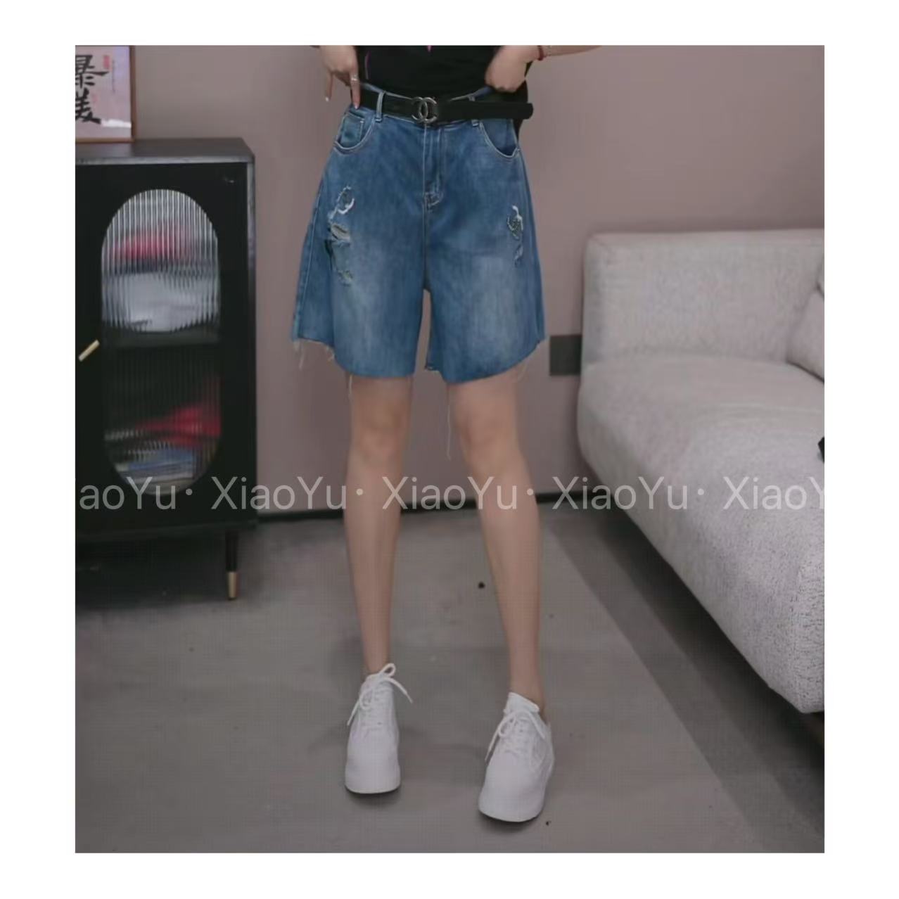 【No退换】瑕疵品无腰带 欧货【小香风时髦牛仔短裤】YYX 5308