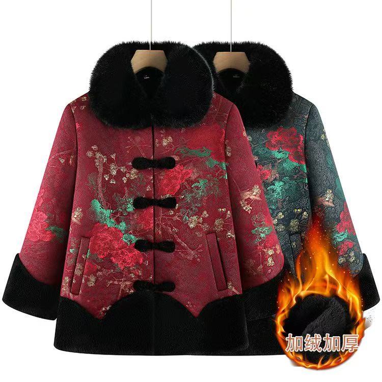 中老年冬装加厚棉衣奶奶洋气大毛领大花保暖外套迷-882