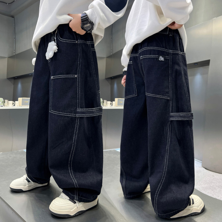 【秋款上新】儿童牛仔裤中大童纯色拼接时髦痞帅宽松男女童休闲裤子
