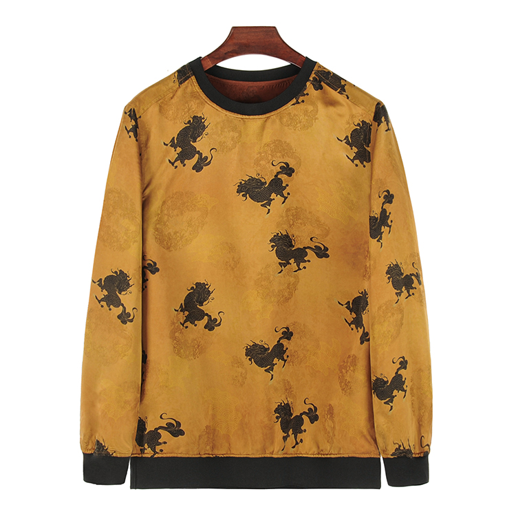 88897 男士双面穿圆领卫衣 桑蚕丝提花缎红云纱新中式复古上衣