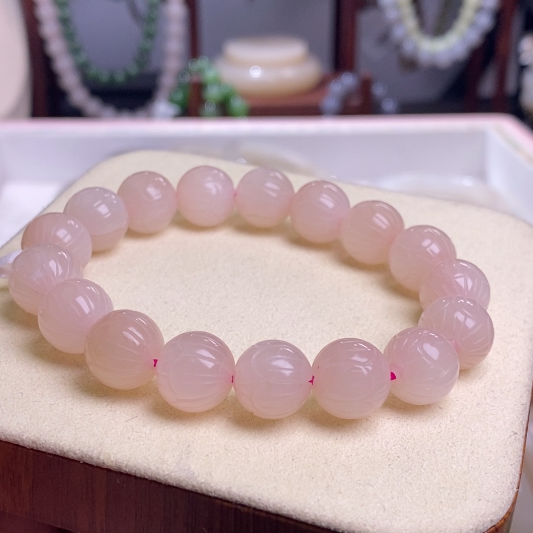 和田玉藕粉老矿料高冰樱花粉莲花圆珠手链12未镶嵌新***记