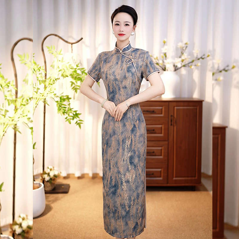 【德喜娟29】2025春夏新款高端印花复古中国风走秀长款旗袍连衣裙