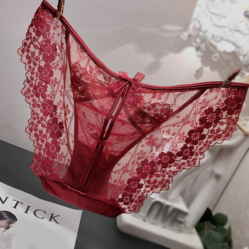 法式轻奢蕾丝内裤女高开叉无痕细带镂空蝴蝶结女士三角裤性感内裤