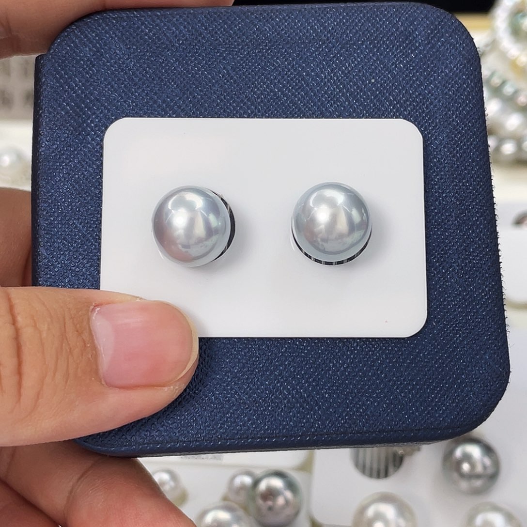 海水珍珠耳饰18K金镶嵌s****菓11.6铂金灰对珠