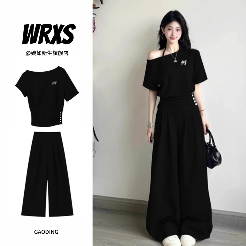 【婉如新生】休闲运动套装女夏慵懒时尚斜肩短袖t恤阔腿长裤两件套