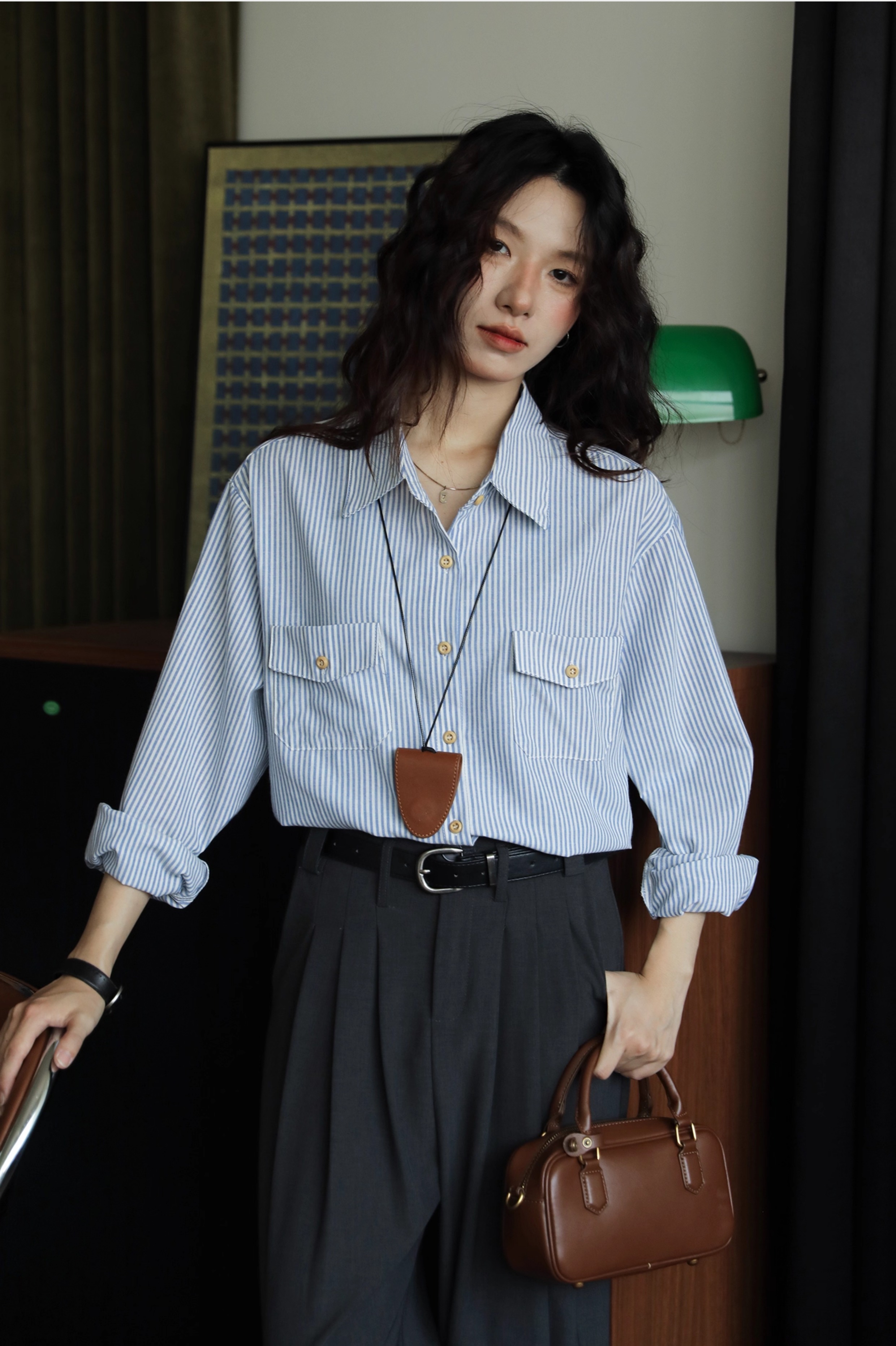 【全额运费补贴】时尚优雅黄扣双盖牛津纺蓝白条纹女士衬衫秋季外套