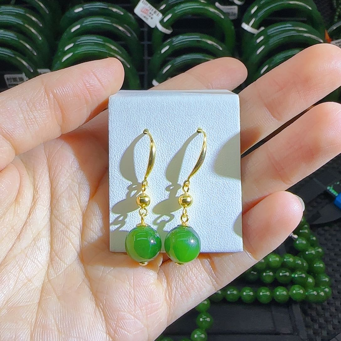 银S925镶嵌和田玉耳饰碧玉单珠耳饰