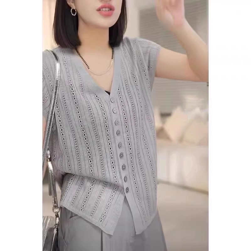 镂空设计短袖针织衫女夏季薄款透气冰丝纯色百搭白色洋气上衣