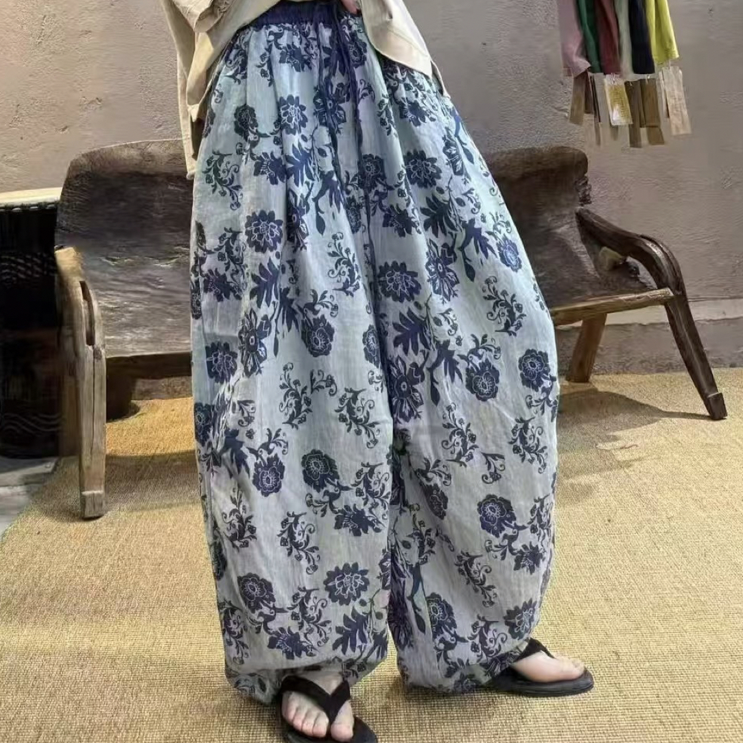 夏季复古做旧亚麻褶皱设计扎染宽松休闲裤