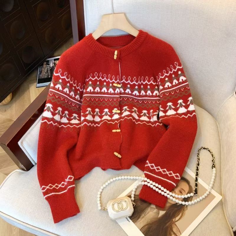 提花复古费尔岛加厚针织开衫女新款毛衣慵懒宽松时尚百搭上衣