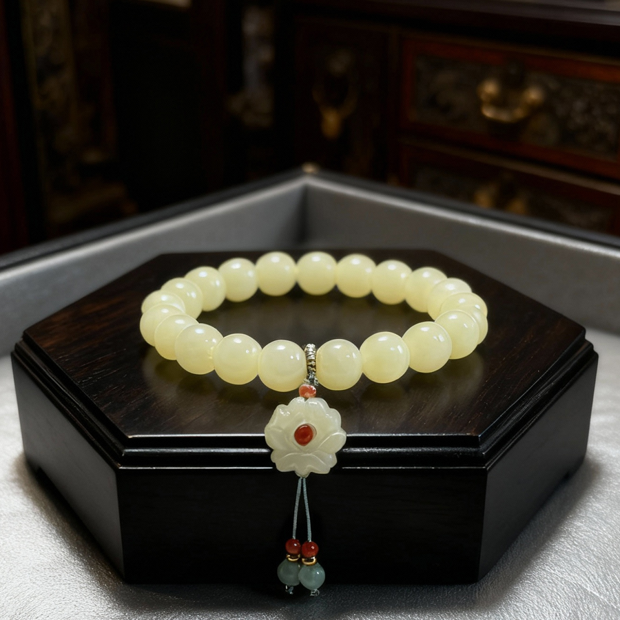 天然8MM凤眼莲花和田玉黄口手串新疆真品生日礼物送老婆百搭手链