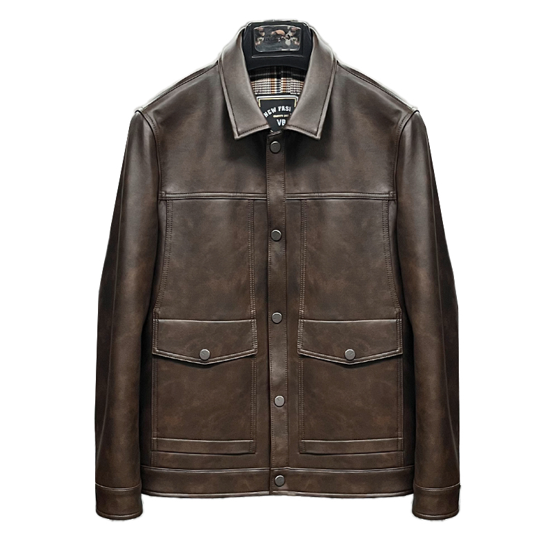 6031 断码 棕色海宁真皮皮衣男单装翻领春秋时尚