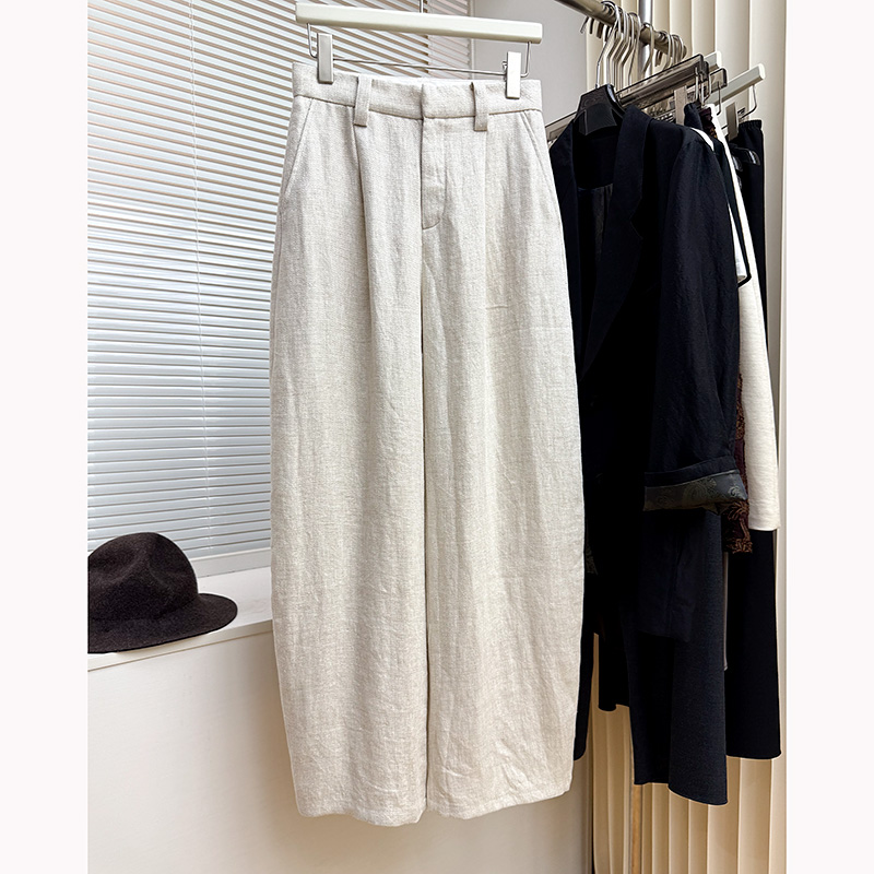 亚麻织银线高腰香蕉裤弯刀裤百搭春夏长裤休闲裤燕麦色宽松