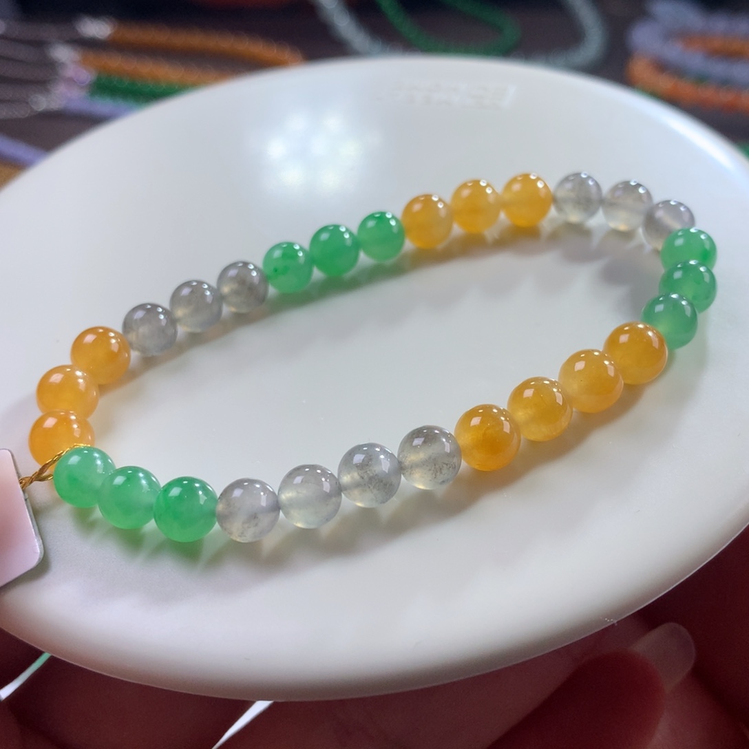 翡翠未镶嵌手链翡翠冰胶底三彩多宝卡6+
