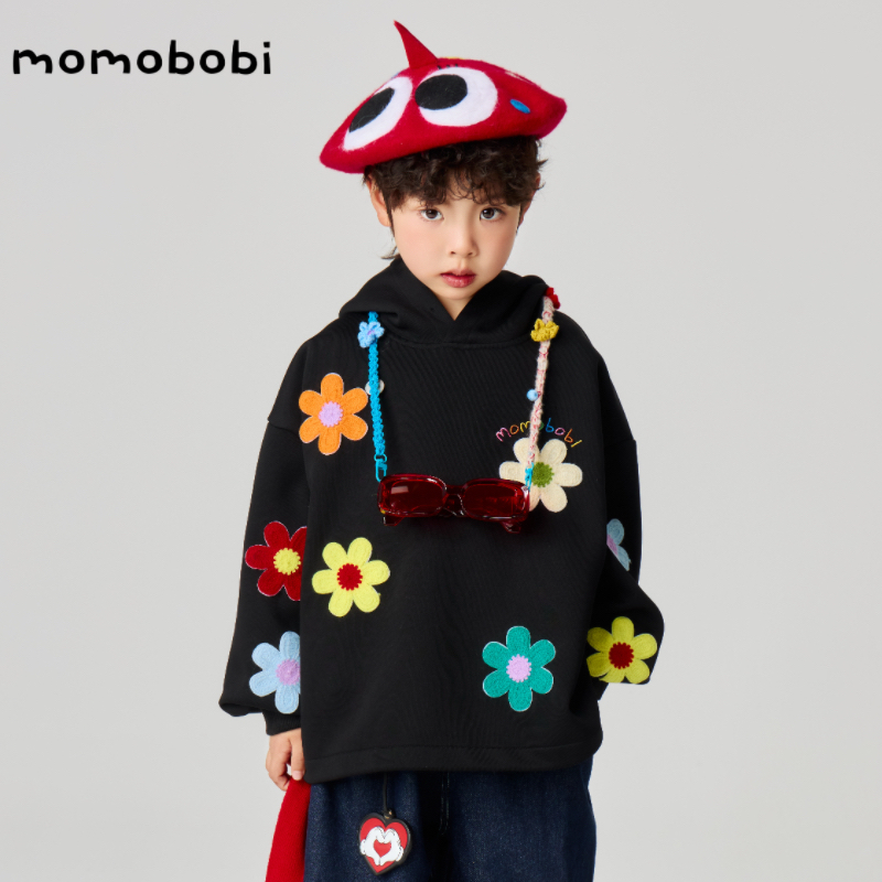 momobobi自制童装儿童卫衣韩版个性立体刺绣学生花朵连帽彩色外套