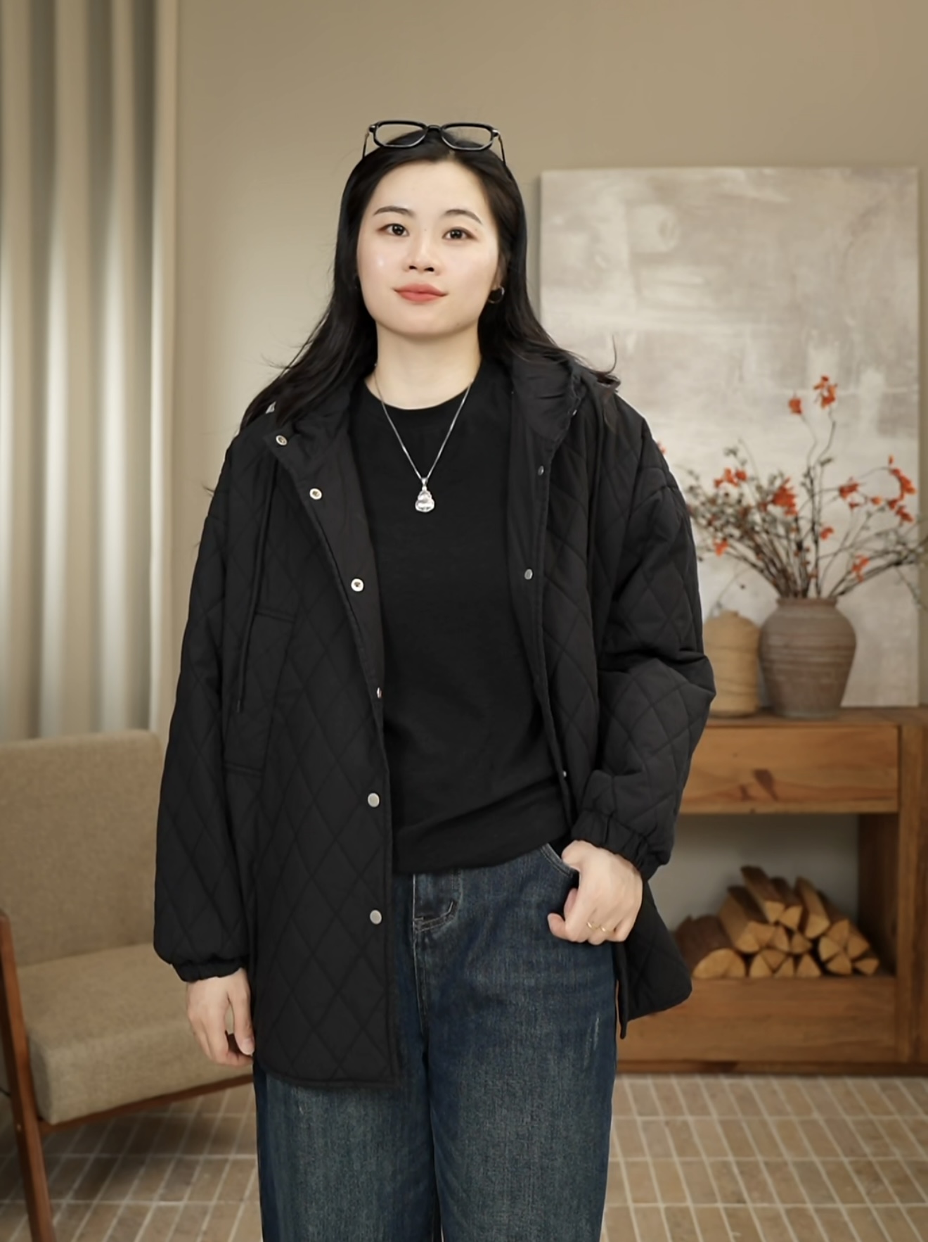 九月JIUYUE冬季中长款复古连帽菱形格子厚款宽松棉服外套女 5323