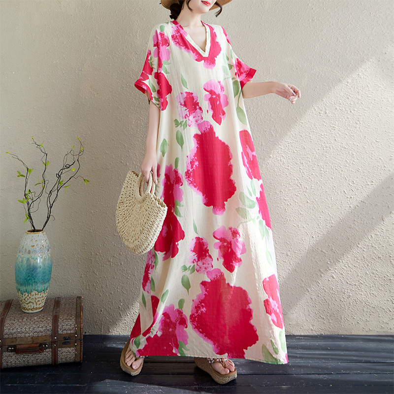 外贸出口V领薄棉麻大码宽松连衣裙文艺度假风沙滩裙复古遮肉长裙