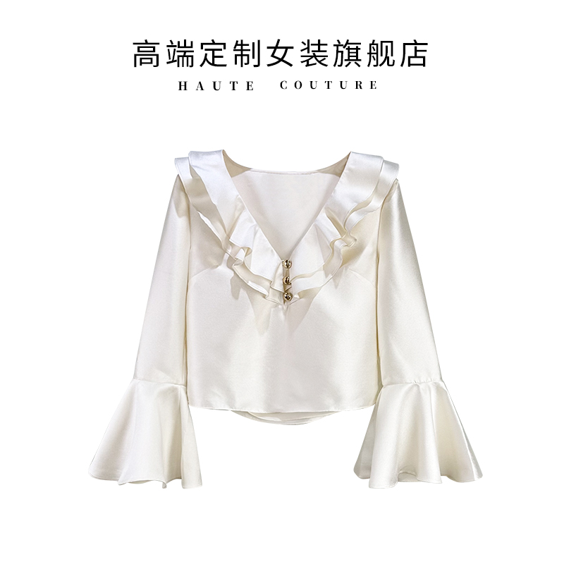 【SHIBO】法式精致系列甜美高级感减龄百搭荷叶边V领缎面喇叭袖衬衫