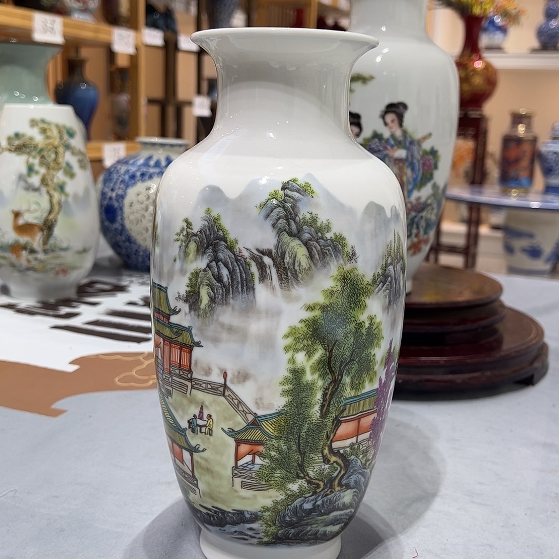 陶摆件27cm山水冬瓜瓶