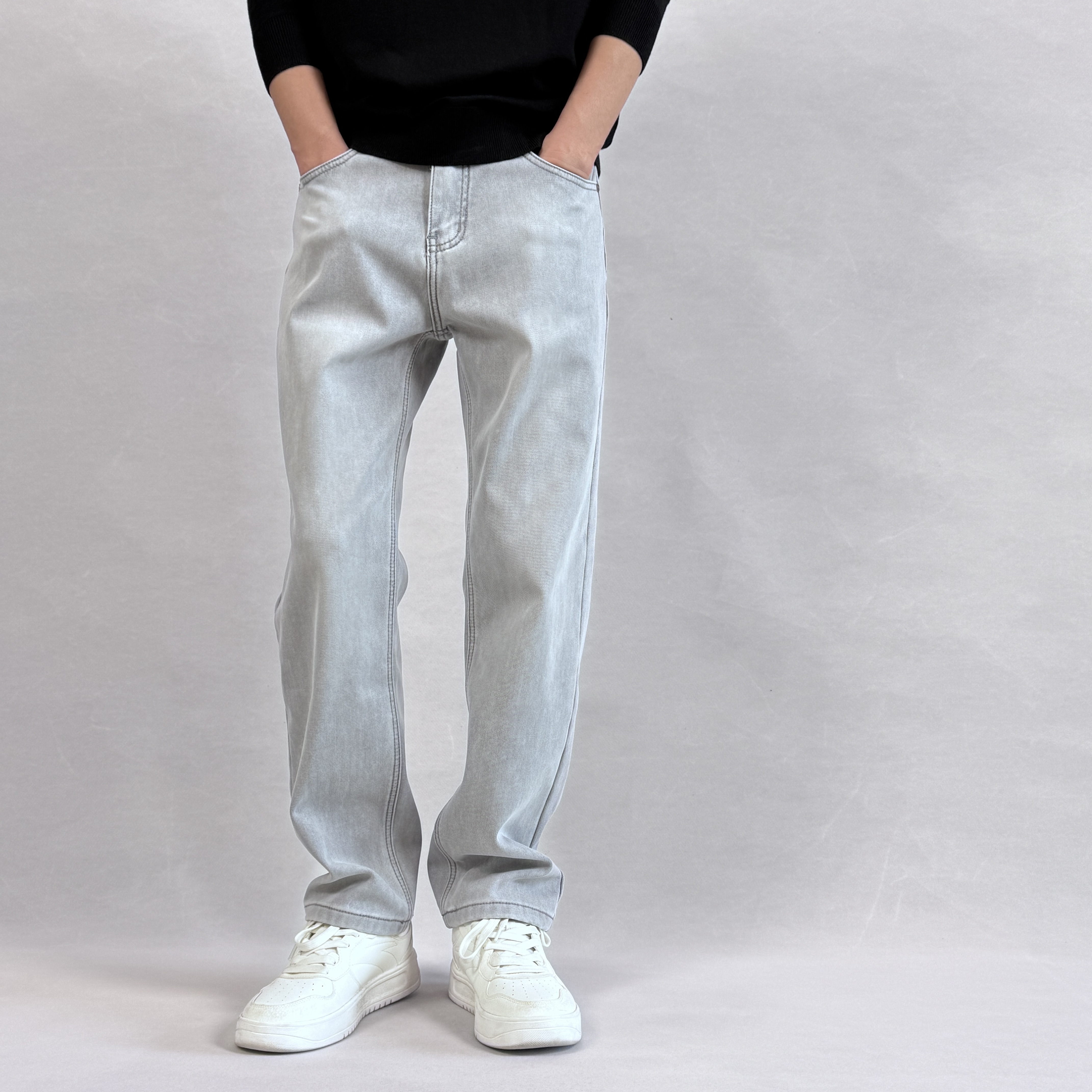 【宽松直筒】弹力秋冬加厚加绒牛仔裤男款银灰浅色水洗休闲百搭显瘦