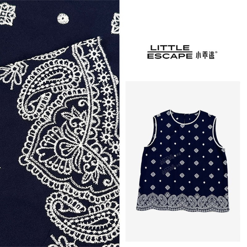 小乖逃圆领绣花藏蓝色背心 度假风无袖蓝色马甲白色绣花上衣M8861