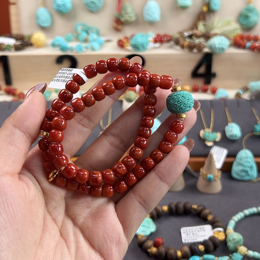 南红玛瑙18K金镶嵌手串原矿南红龙鳞珠多圈手串