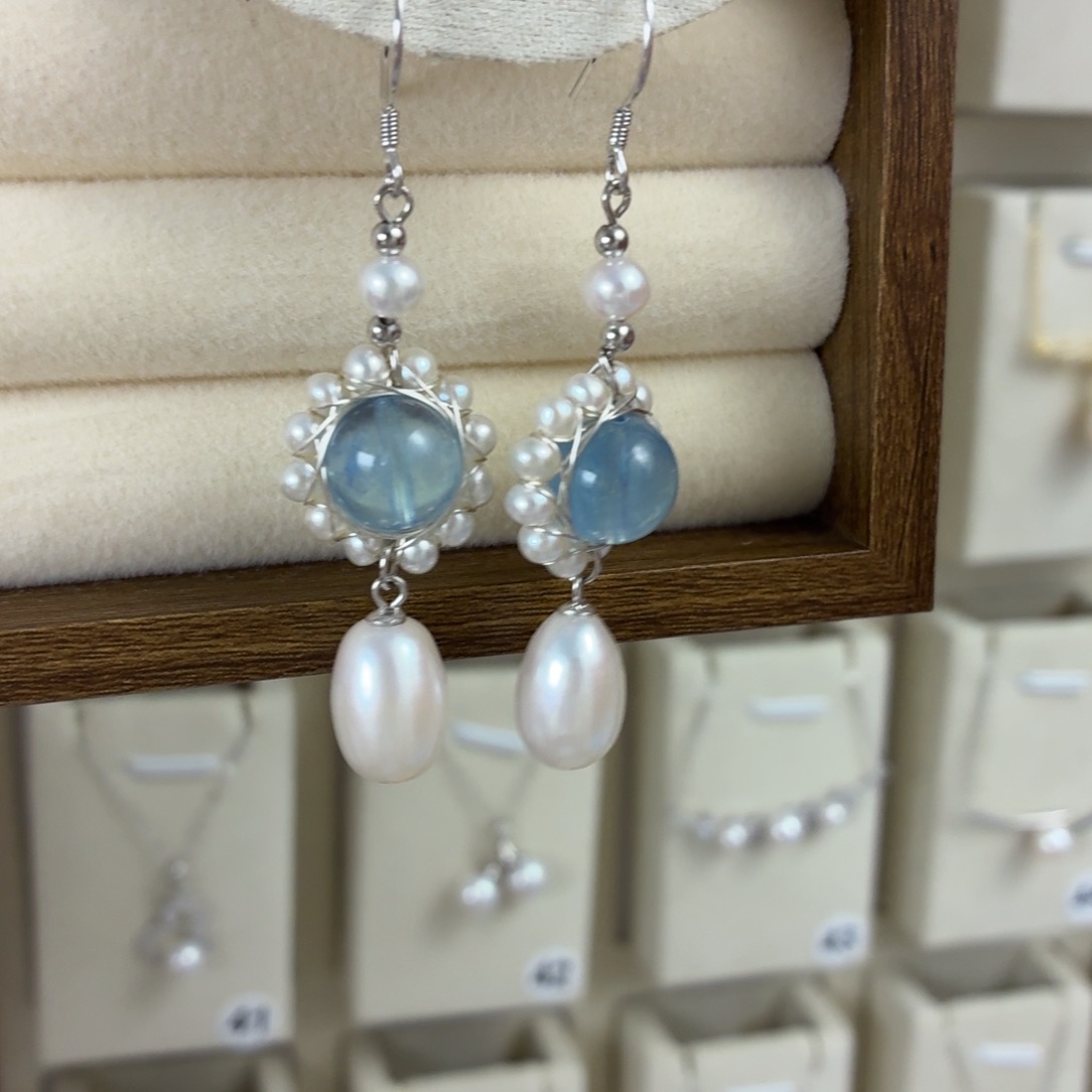 耳饰银S925镶嵌淡水珍珠海蓝宝
