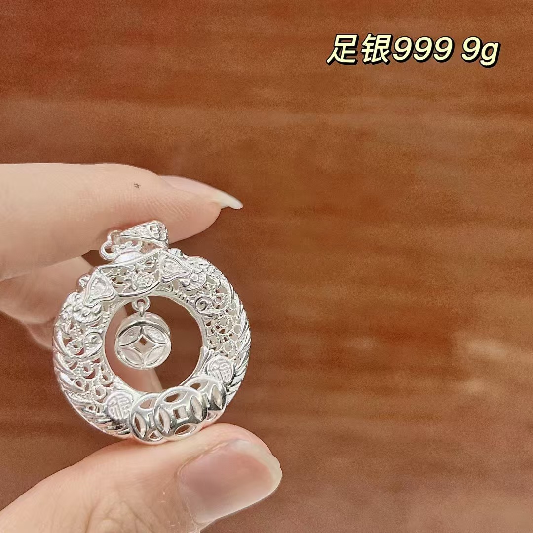 吊坠足银 足银平安扣吊坠花丝双龙送福纯银铜钱吊坠