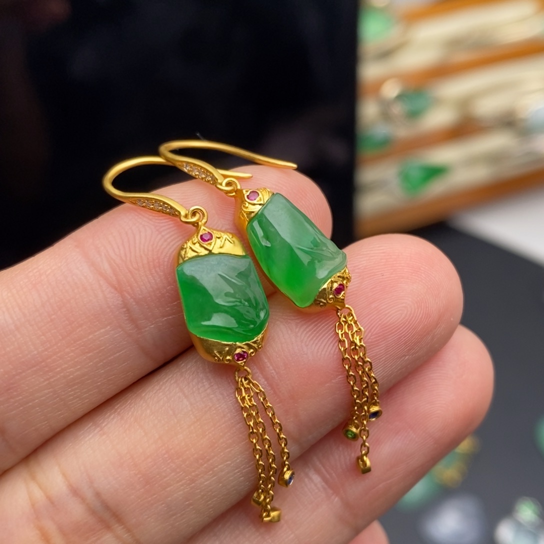 翡翠18K金镶嵌耳饰  竹节