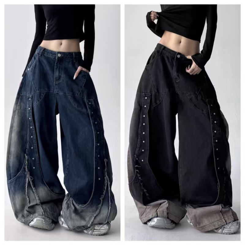 时尚复古做旧牛仔裤男女磨毛2025秋冬新款宽松直筒裤子阔腿裤潮