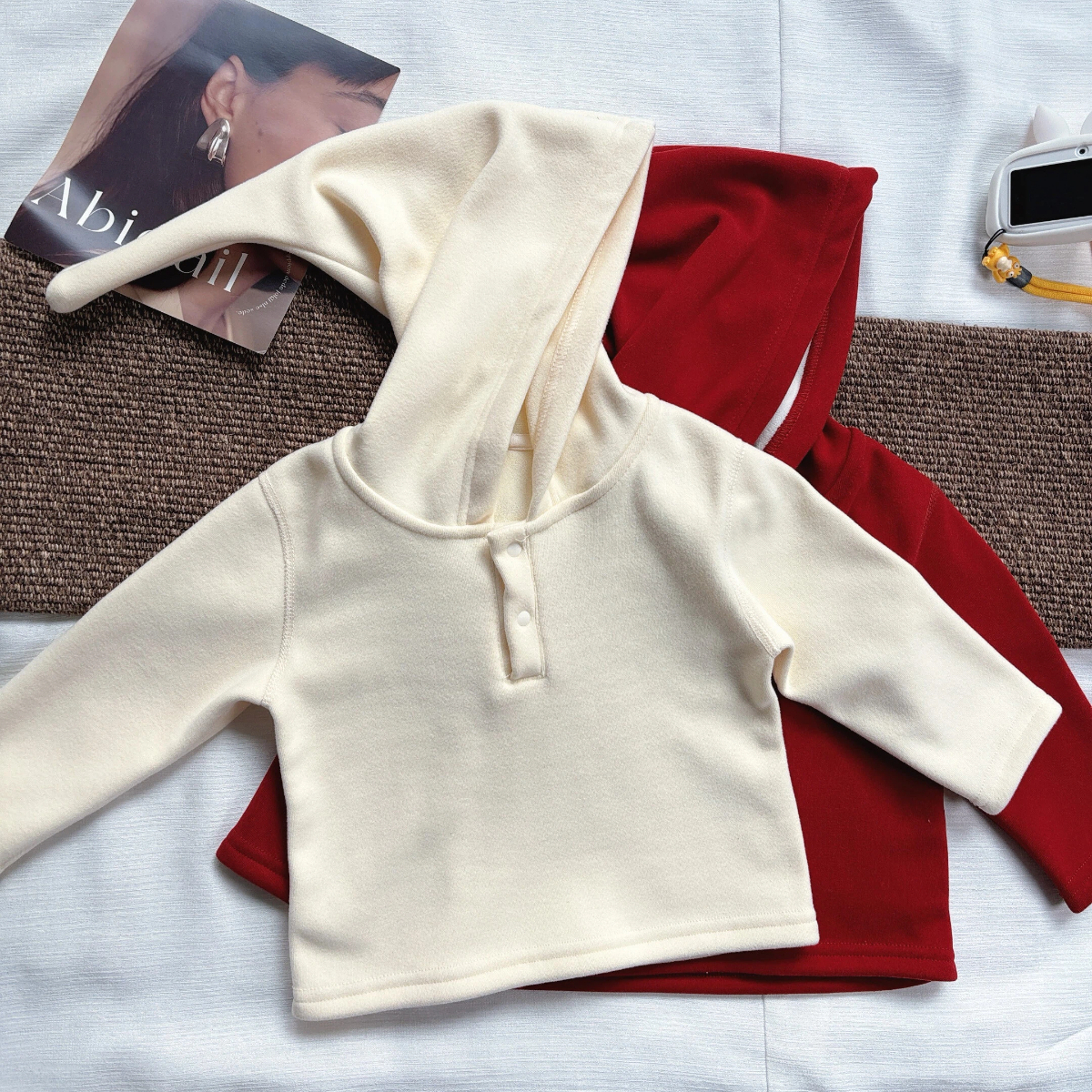 秋冬加绒纯色巫师帽保暖前开小衫百搭休闲风卫衣男女童秋装连帽