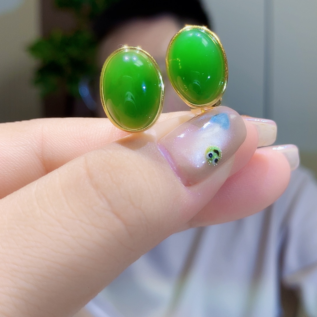 和田玉（碧玉）银S925镀金镶嵌耳饰