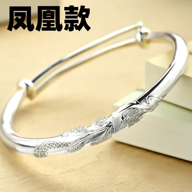 足银手镯 B34足银手镯古典微浮雕凤凰推拉可调节款复古简约实心