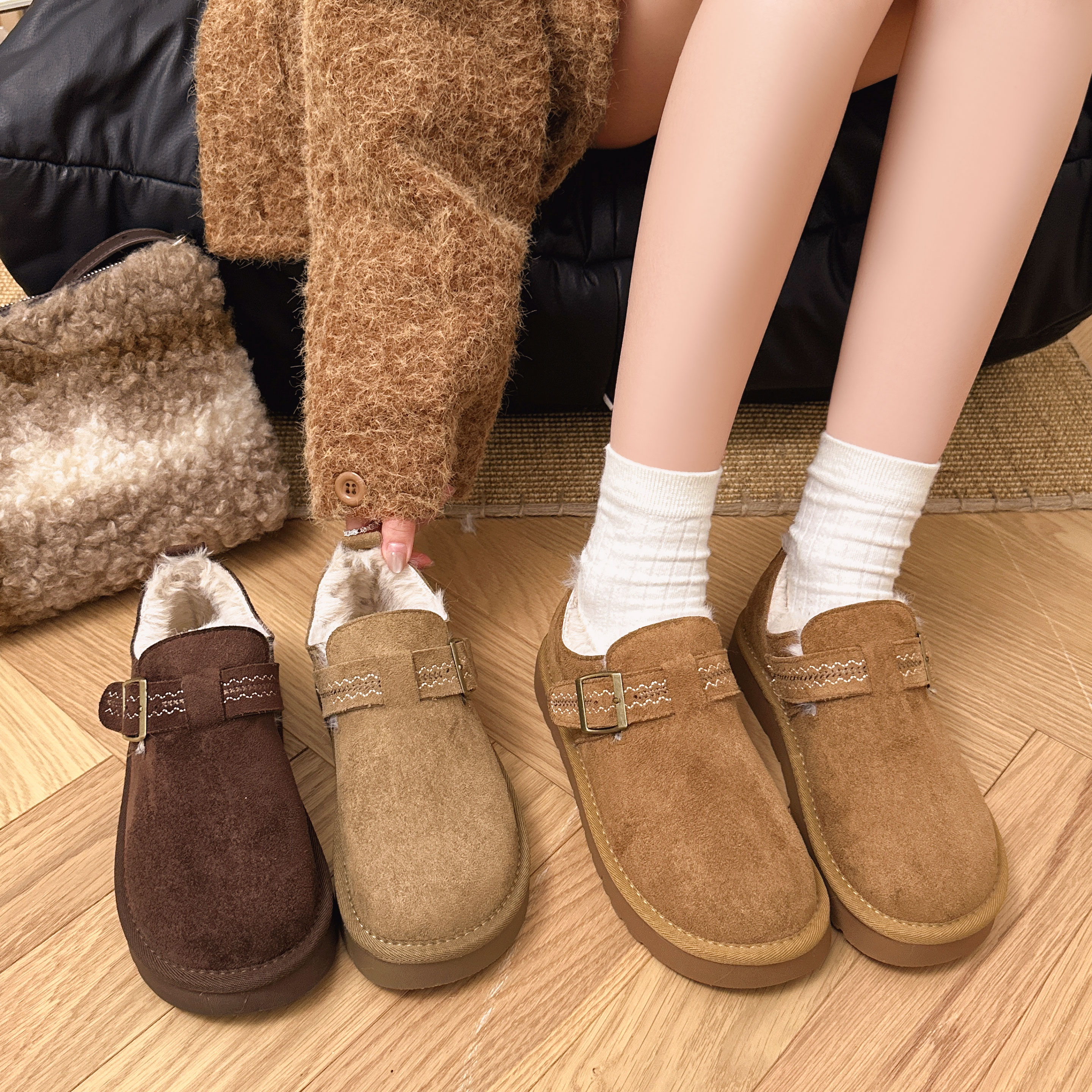 [媛可儿原创]25年冬季新款防滑雪地棉加绒保暖软底低跟勃肯鞋棉鞋