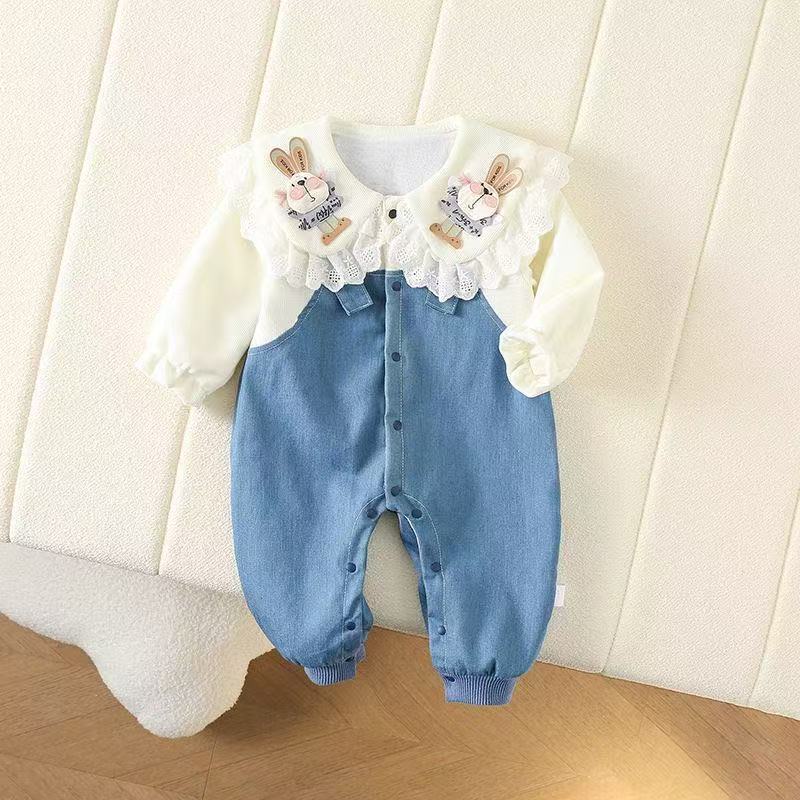春装婴儿连体衣双层新生儿牛仔衣服哈衣洋气春款女宝宝哈衣公主