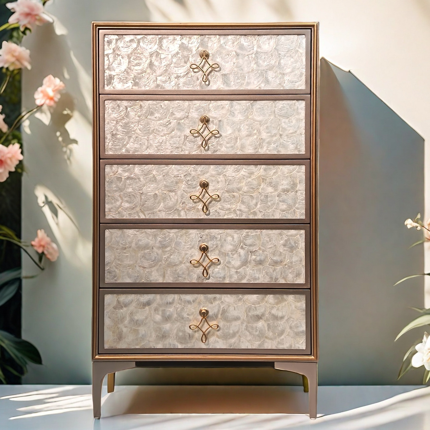 美式轻奢贝壳镶嵌五斗柜卧室收纳柜客厅储物柜现代简约斗柜香槟银