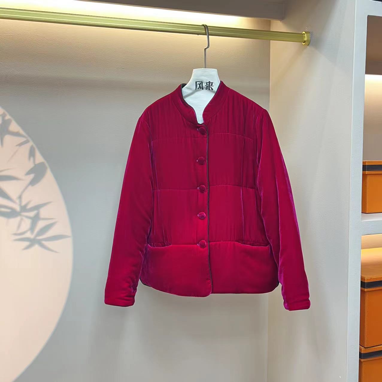 秋冬新款百搭显瘦火龙果时尚中式外套女 真丝丝绒棉服上衣