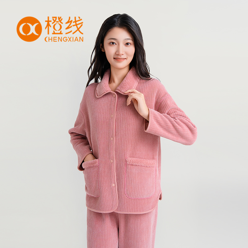 橙线双面穿情侣款睡衣复古细纹雪尼尔小翻领加绒加厚家居服E64008