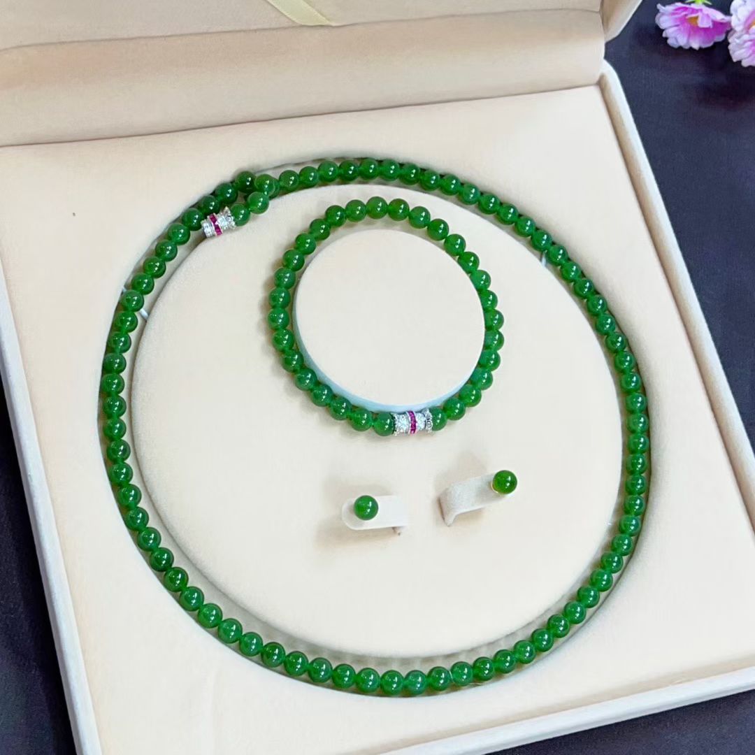 碧玉阳绿圆珠约6mm银扣三用款珠链