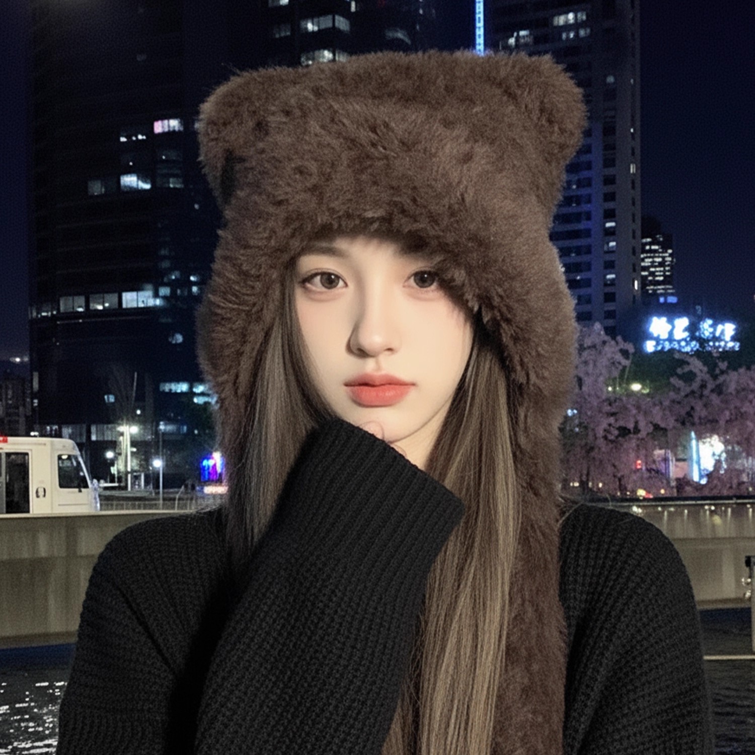 帽子女2026新款秋冬可爱毛绒绒小熊耳朵帽子保暖护耳大头围雷锋帽