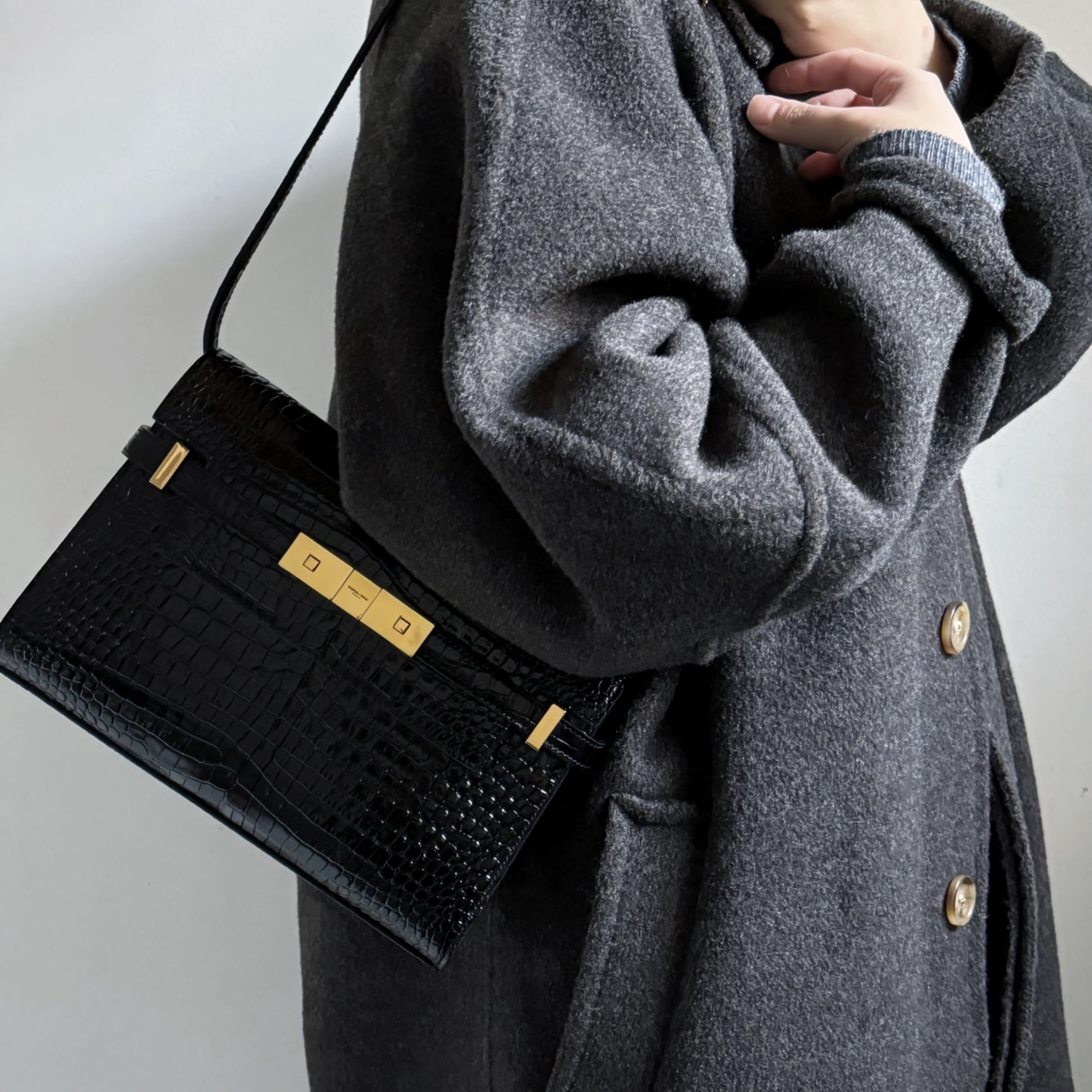99新 YSL/圣罗兰 YSL黑金鳄压纹小号曼哈顿 25110033-04