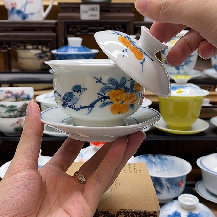 手绘喜柿图盖碗160cc釉下彩微瑕福利款